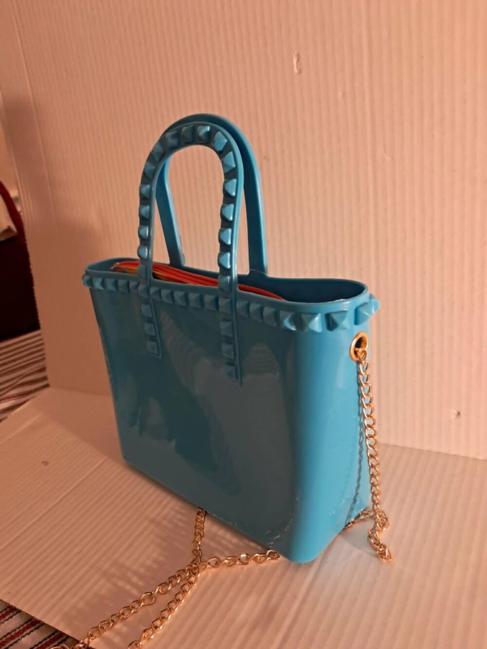 Blue Jelly Mini Satchel Studded Crossbody Gold Chain Cute Y2K Bag - Picture 6 of 10